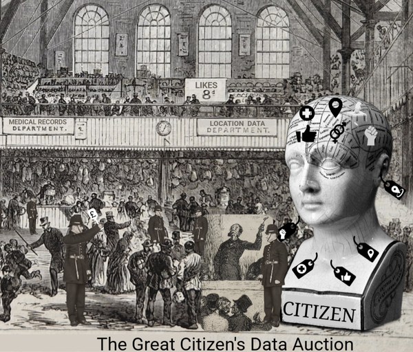 A citizen represented by a phrenology head with data tags is being auctioned off to policemen